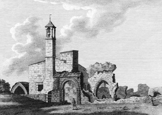 Engraving of Coldingham Priory, showing the then ruin with a tower now gone. The church is an interesting graveyard with many old memorials in the peaceful village of Coldingham