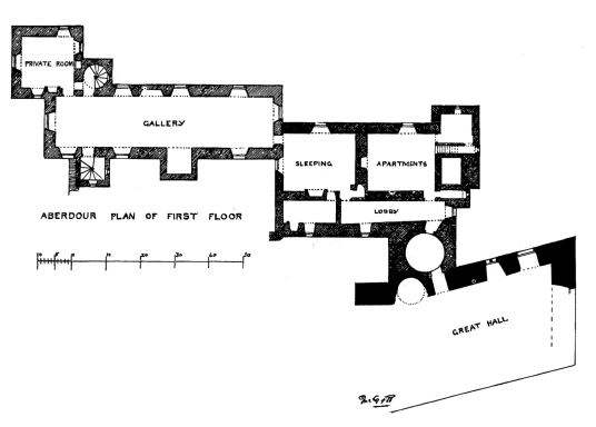 Plan of first floor, Aberdour Castle, a scenic old stronghold castle with gardens and orchard of the Douglas Earls of Morton, in the pretty village of Aberdour in Fife.