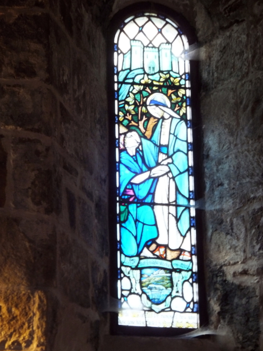 Coventry window, St Fillan's Church, Aberdour Castle, a scenic old stronghold castle with gardens and orchard of the Douglas Earls of Morton, in the pretty village of Aberdour in Fife.