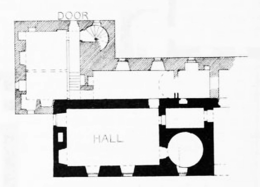 Plan, Redhouse Castle, an impressive ruinous tower house and courtyard, held by the Laings and then by the Hamiltons, near Longniddry in East Lothian .